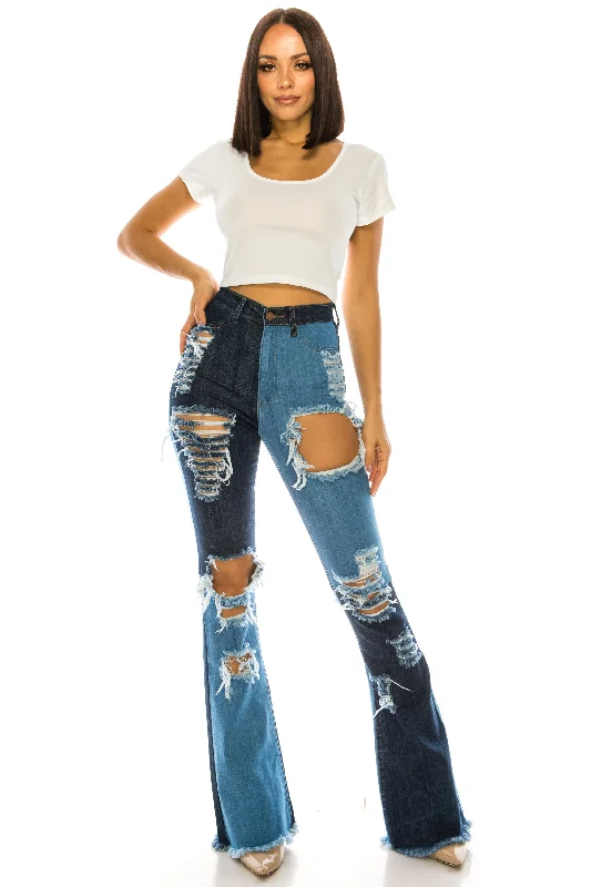 2132 Women's High Waisted Distressed Flare Jeans with Alternating Shade