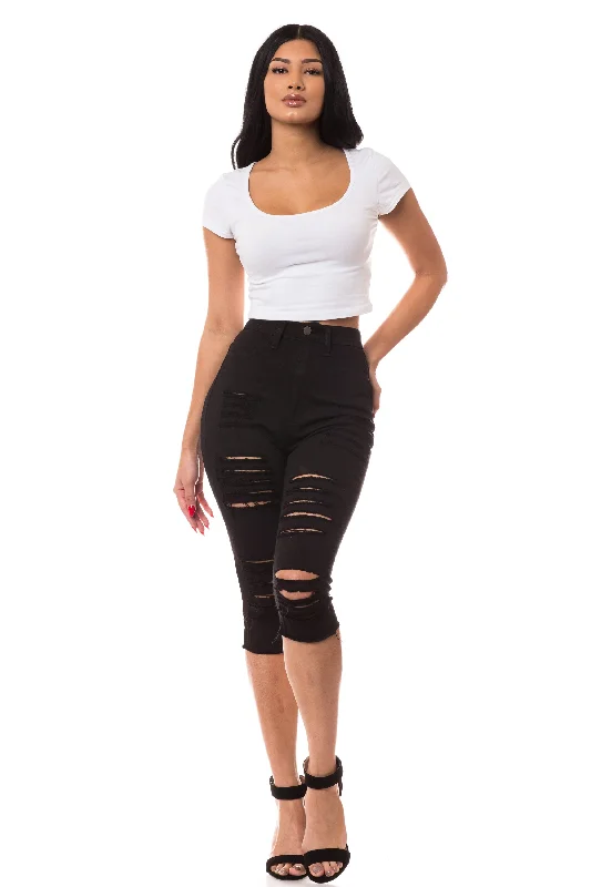 7003 Women's Super High Waisted Distressed Cropped Capri Jeans