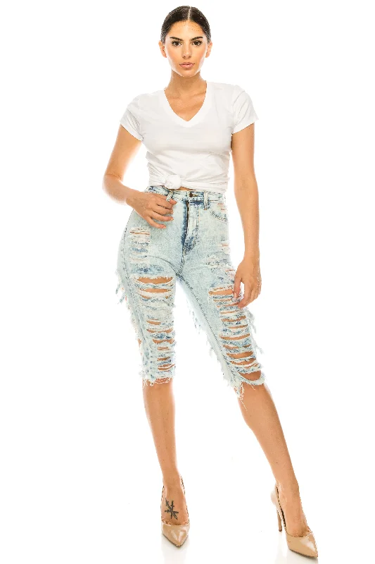 7067 Women's High Waisted Distressed Bermuda Shorts with Cut Outs