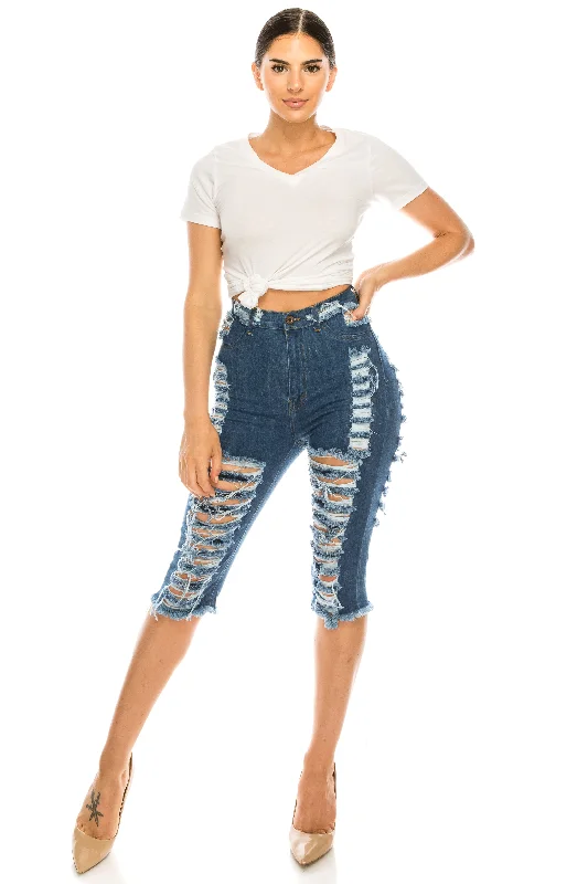 7100F Super High Waisted Distressed Bermuda Shorts