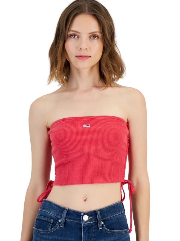 Women's Brand Logo Embroidered Side-Ruched Crop Top,Red