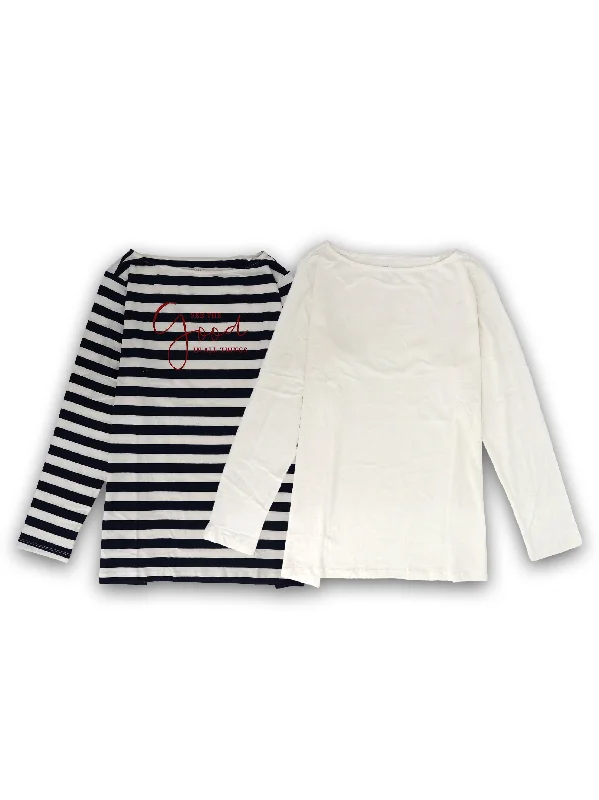 Women's 2 Pcs Graphic Printed Striped Top Set,Navy/Off White