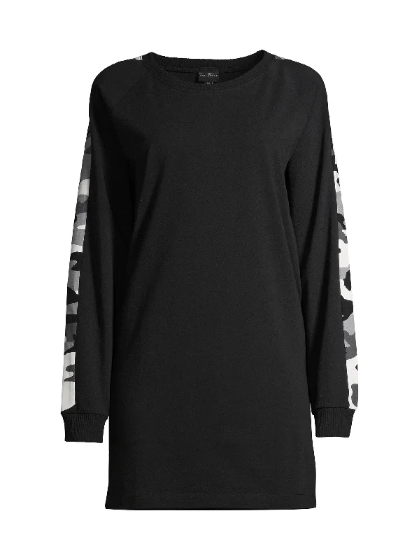 Women's Camo Printed Sleeves Top,Black