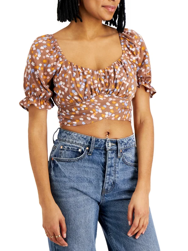 Women's Back Tie Floral Printed Crop Top,Brown