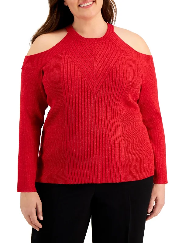 Women's Cold Shoulder Glitter Sweater,Red