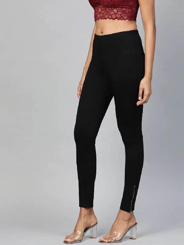 Black Zipper-at-Hem Jeggings