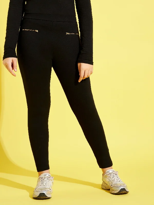 Girls Black Pocket Zipper Jeggings