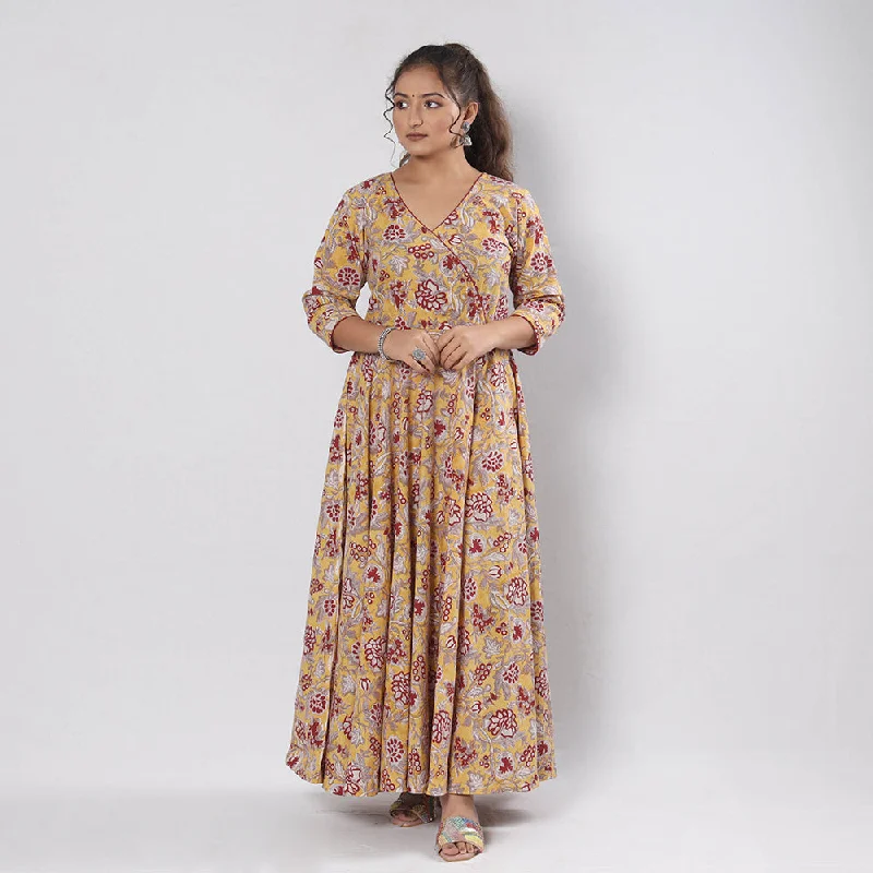 Yellow - Sanganeri Block Printed Cotton Flared Gher Dress