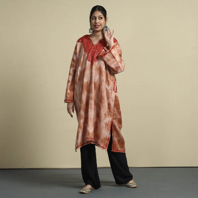 Brown - Shibori Tie-Dye Aari Embroidery Kashmiri Wool Pheran