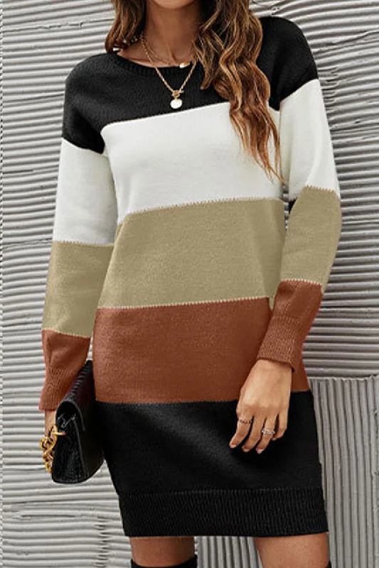 WOMEN COLOR BLOCKED KNIT MID DRESS