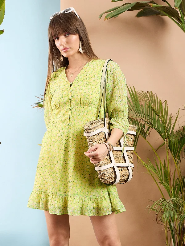 Women Lime Yellow Ditsy Floral Frill Hem Short Dress