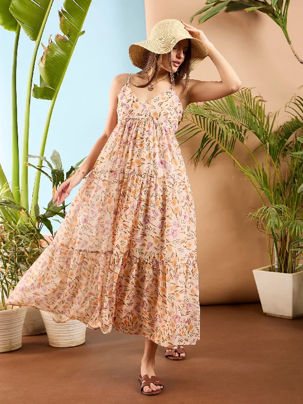 Women Peach Floral Strappy Tiered Maxi Dress