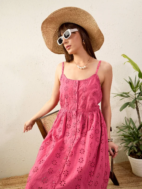 Women Pink Schiffli Strappy Midi Dress