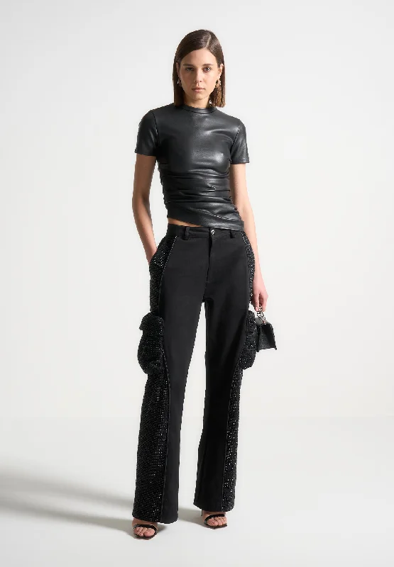 Rhinestone Contour Cargo Pants - Black